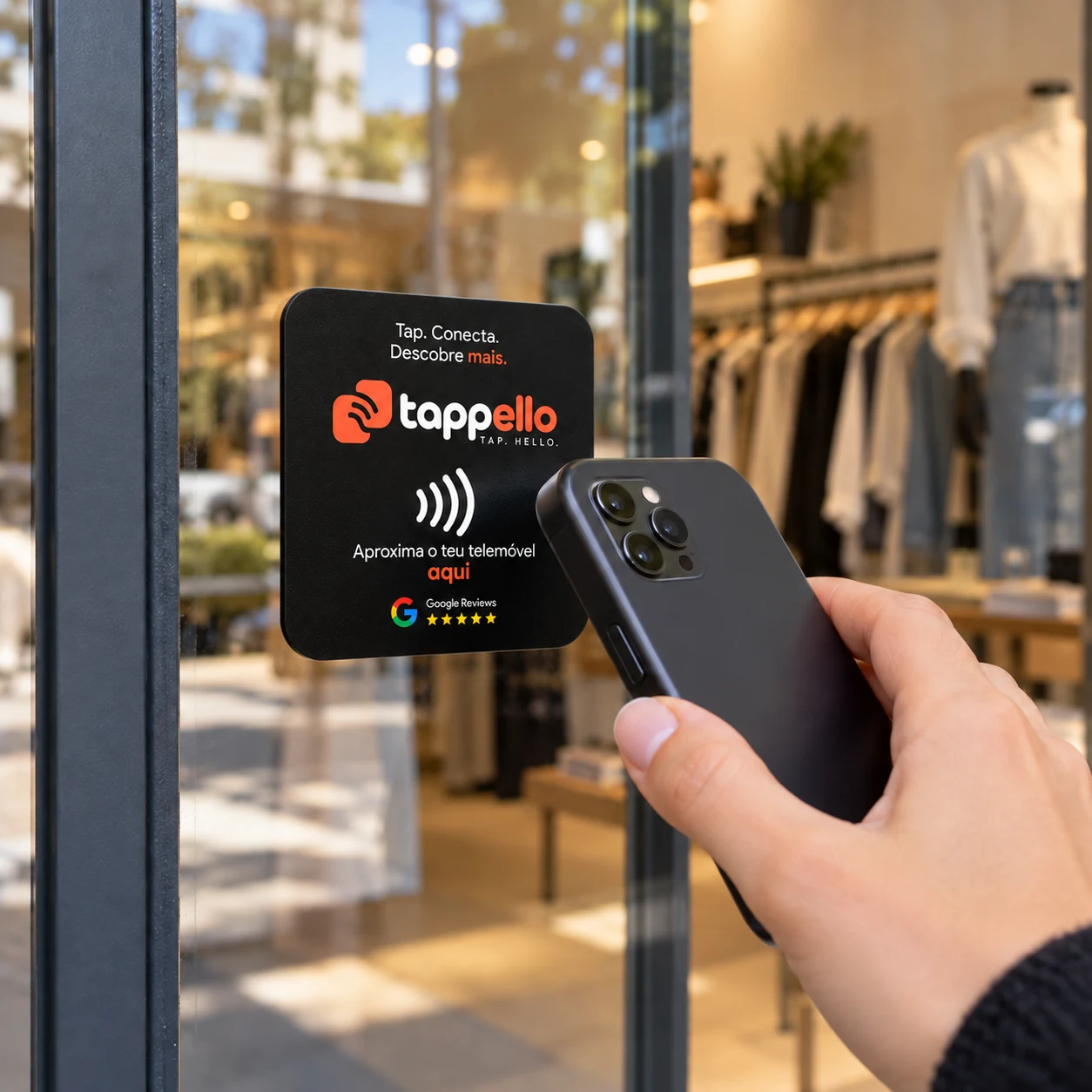 Plaque Tappello fixada no vidro da entrada de uma loja, com um telemóvel a aproximar-se