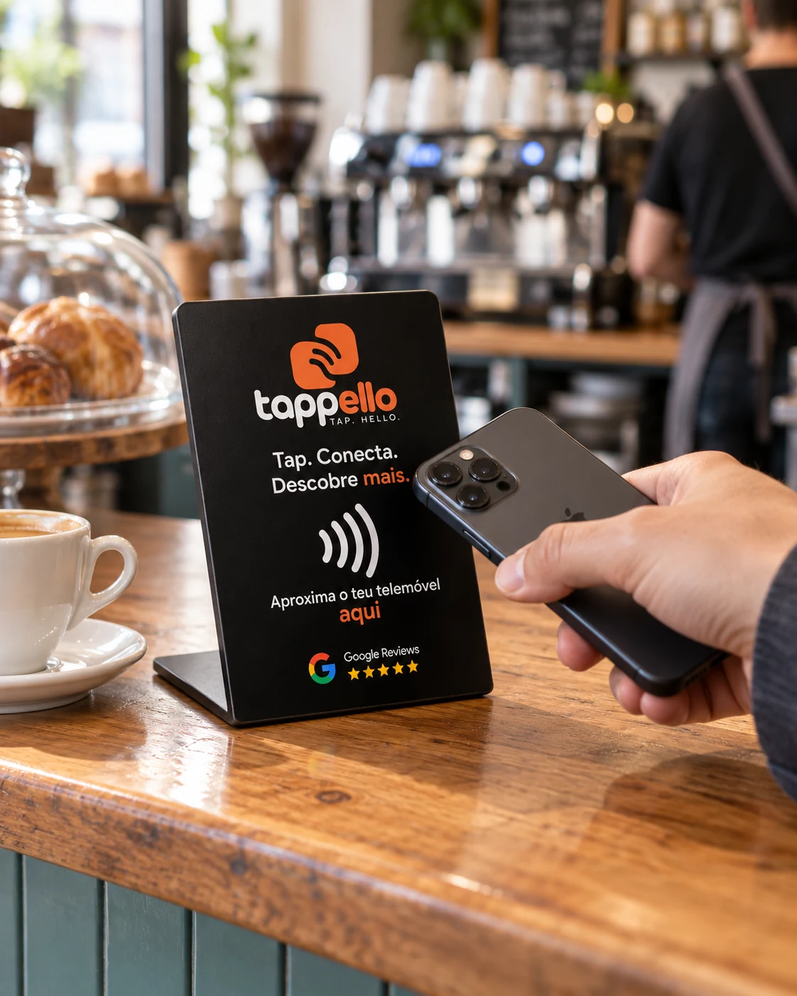Stand Tappello no balcão de um café, com um cliente a aproximar o telemóvel